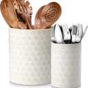 MALACASA LYDIA Ceramic Utensil Holders, 7.3"+5.5" Kitchen Utensil Crock Set for Countertop, Large & Small Utensil Organizers for Cooking Tools, Five-Leaf Grass Pattern