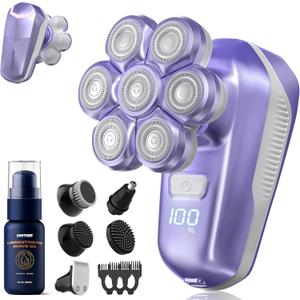 Electric Shaver for Women, Electric Razor with 7D Magnetic Shaver Heads, Wet Dry Waterproof Bald Head Trimmer Kit for Women & Men, Nose Ear Hair Trimmer, USB Rechargeable Clippers, Purple