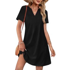 WIHOLL Summer Dresses for Women Casual V Neck Wedding Guest Dress Hawaiian Midi Dress Fashion Beach Vacation Clothes (X-Large, Black)