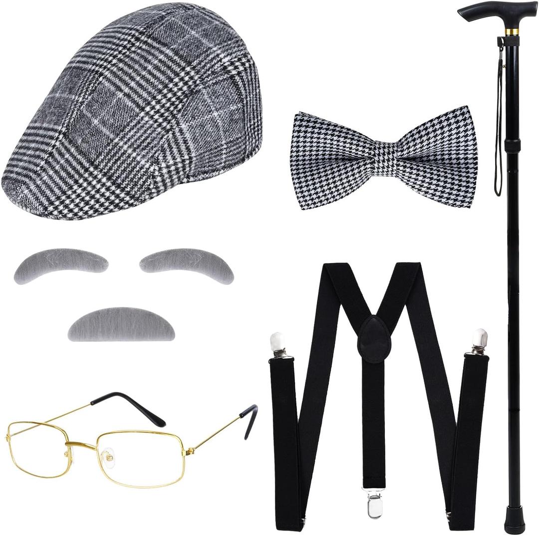 hoyuwak 7 PCS 100 Day of School Costume Old Man Costume Grandpa Costume Accessories Set include Moustache Eyebrows Cane Glasses Bow Tie and Newsboy Hat