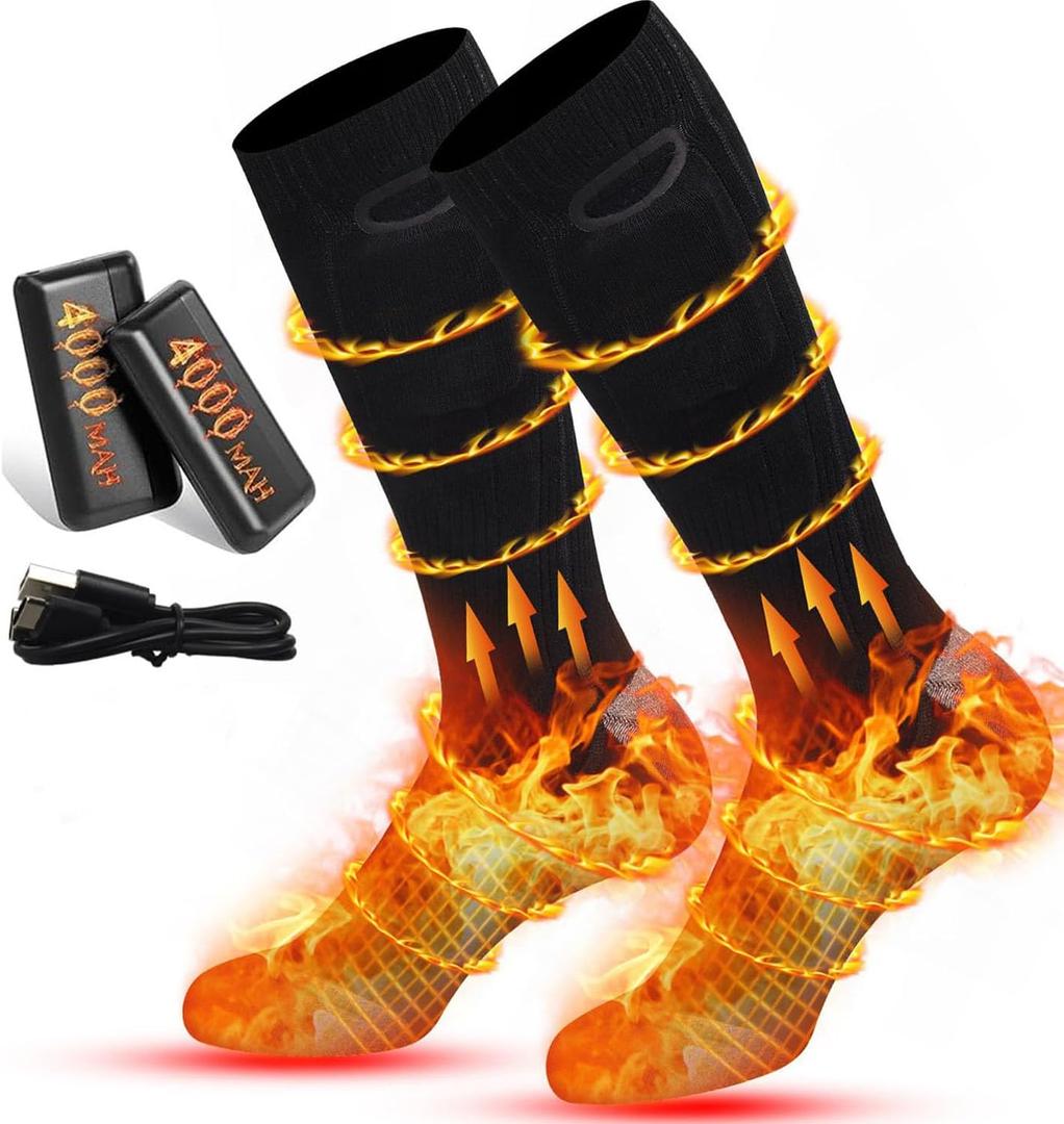 Heated Socks for Men Women, Rechargeable Heated Socks with 4000mAh Battery 3 Heating Levels, Electric Socks Thermal Foot Warmer Socks for Winter Outdoor Sports, Camping, Hunting