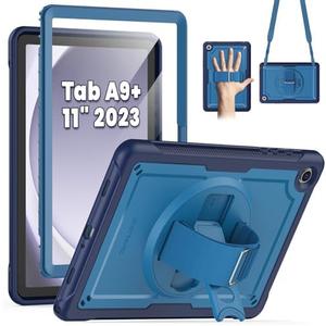 SEYMAC for Samsung Galaxy Tab A9+ Plus Case 11" 2023 (SM-X210/X216/X218), Full-Body Shockproof Protective Case with Screen Protector, Rotating Stand and Hand/Shoulder Strap, Navy Blue