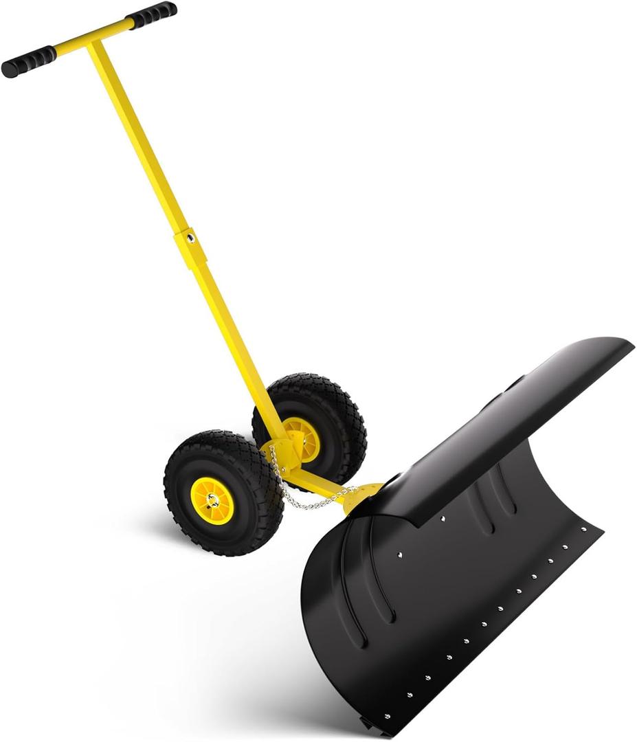 29" Heavy-Duty Snow Pusher Shovel with Wheels, Snow Pusher Hand Plow for Snow Removal, 5 Level Adjustable Handle & 5-Position Angled Blade (29" Single Pole, Yellow)