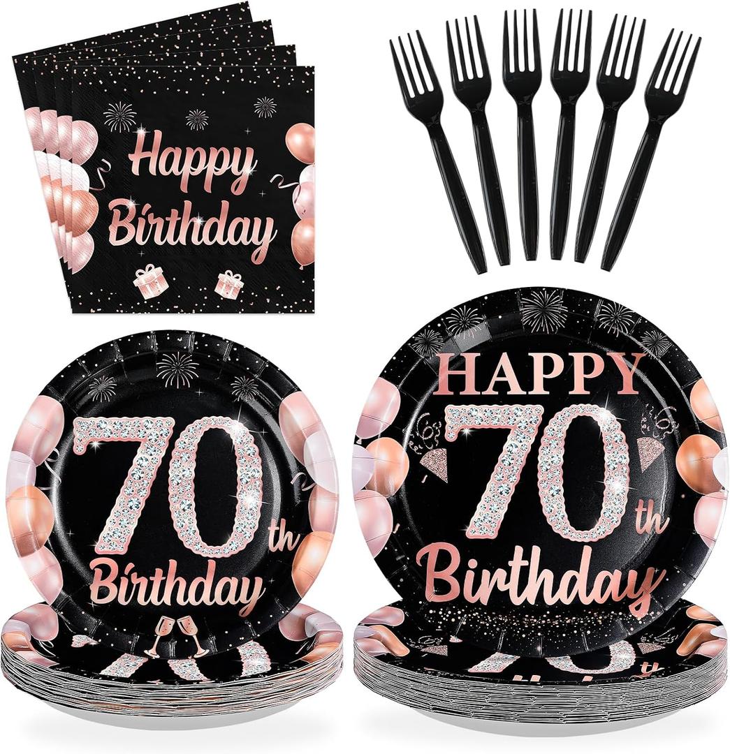 96 Pcs 70th Birthday Party Decorations for Women, Serves 24 | Black and Rose Gold 70th Plates and Napkins Rose Gold 70 Happy Birthday Tableware Set for Women 70 Year Old Party Supplies