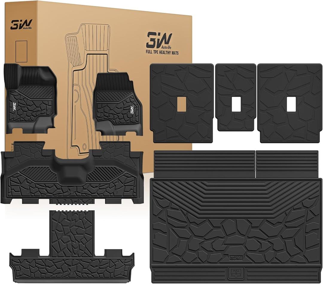 3W Floor Mats & Cargo Liner & Seat Back Mats for 2025 2026 Ford Expedition Max 7 Seats with 2nd Row Bucket Seats, All Weather TPE Full Set Floor Mats for Ford Expedition 