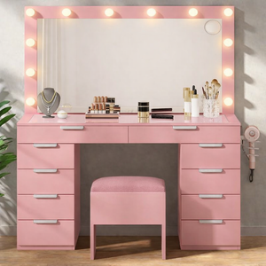 Vanity Desk with Mirror and Lights, Makeup Vanity Set with Glass Top & 10-Drawer, Charging Station, Dressing Table with Storage Chair & 3-Color Brightness Adjustable Lighting, Pink