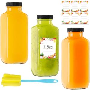 16 oz Glass Juice Bottles with Lids 3-Pack - Large Reusable Glass Containers for Smoothie Meal Prep & Kombucha Brewing
