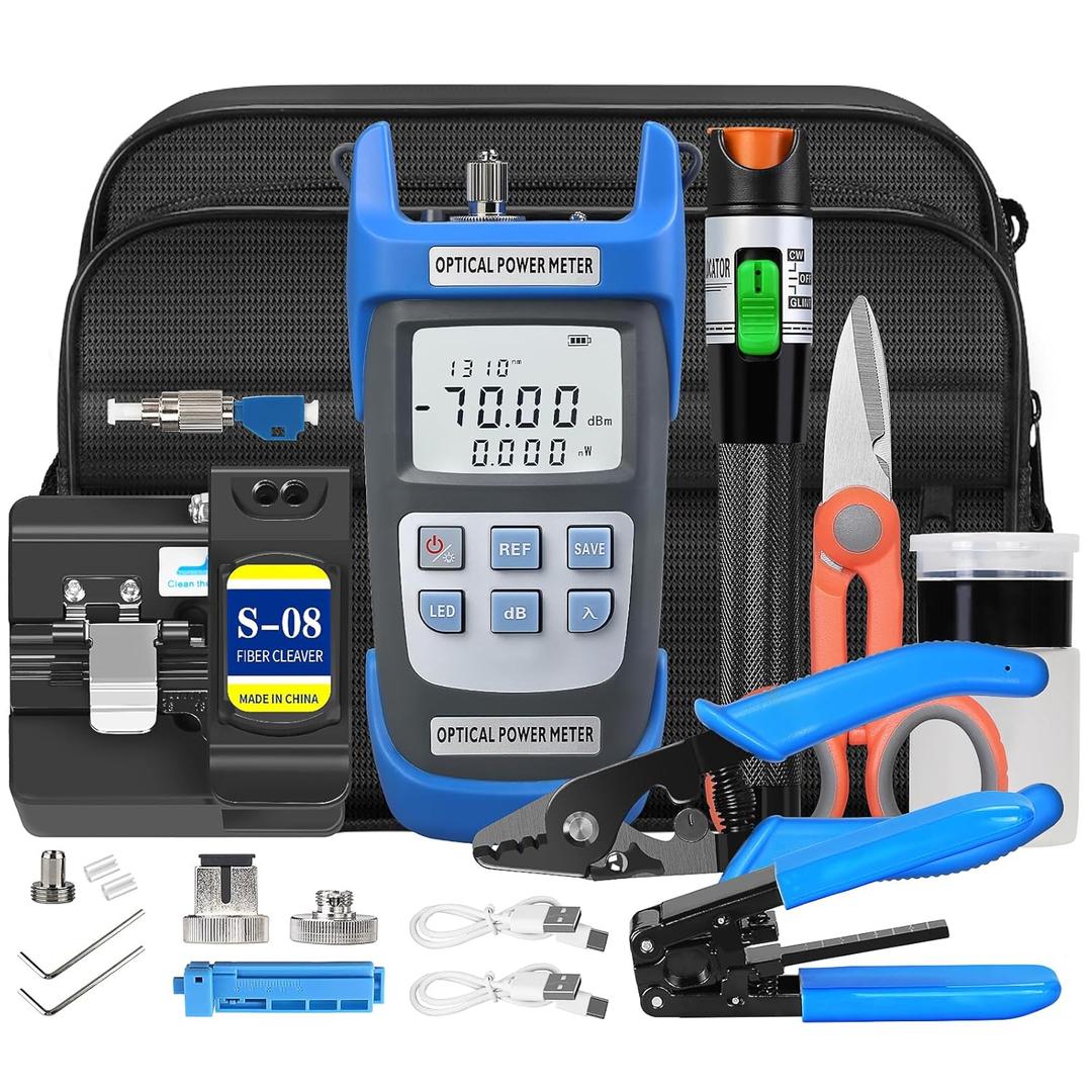 Fiber Optic Terminal kit 10-in-1 FTTH Tool kit Equipped with S-08 Optical Fiber Cleaver and Rechargeable Optical Power Meter A-C710A (-70~+10dBm) Well as Stripper Fibre Tool kit