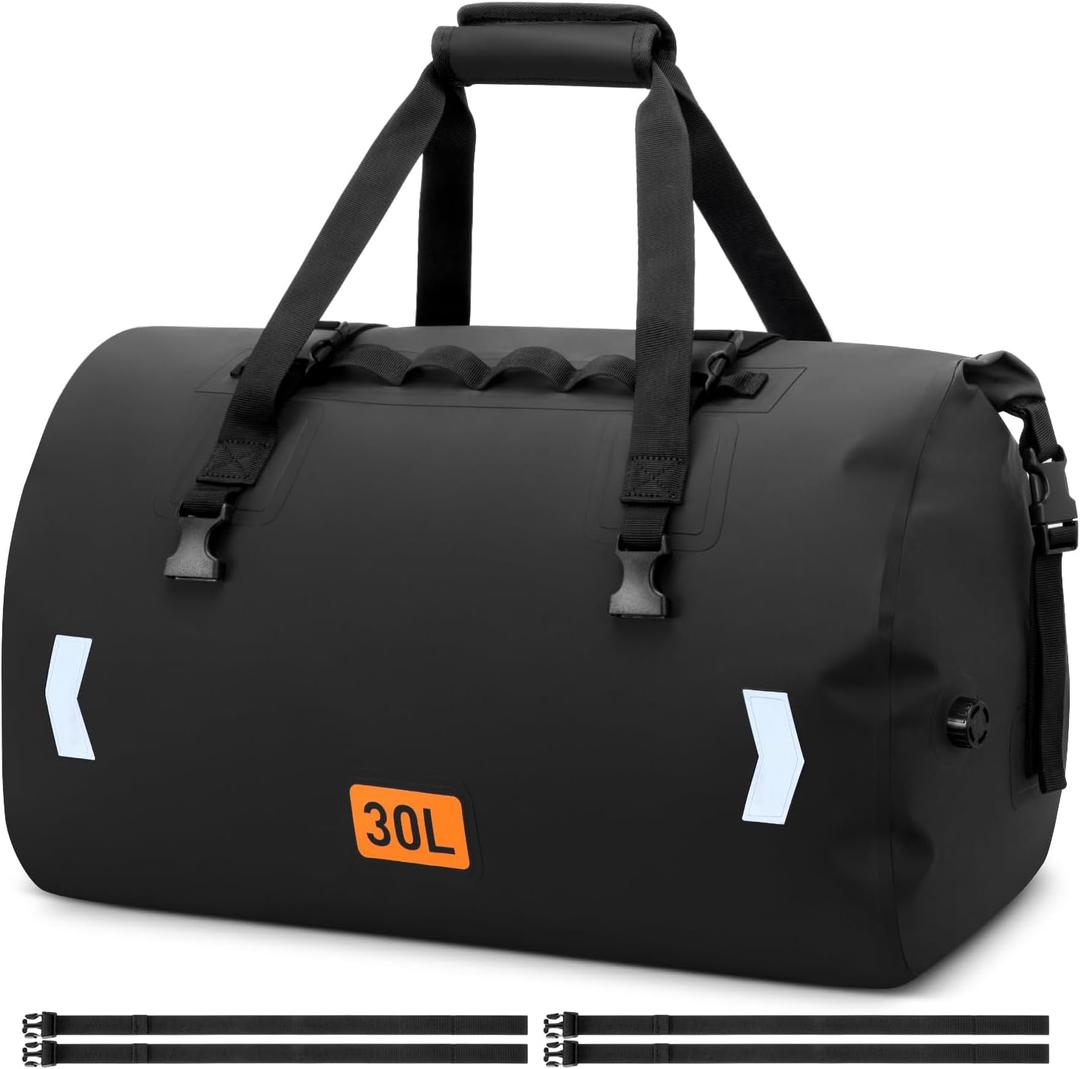 OCKLILY Waterproof Dry Bag, 30L Roll-top Motorcycle Tail Bag with Air Valve & Quick-fixed Straps, Travel Duffle Bags for Kayaking Paddle Boarding Rafting Boating Camping Riding Fishing - Black