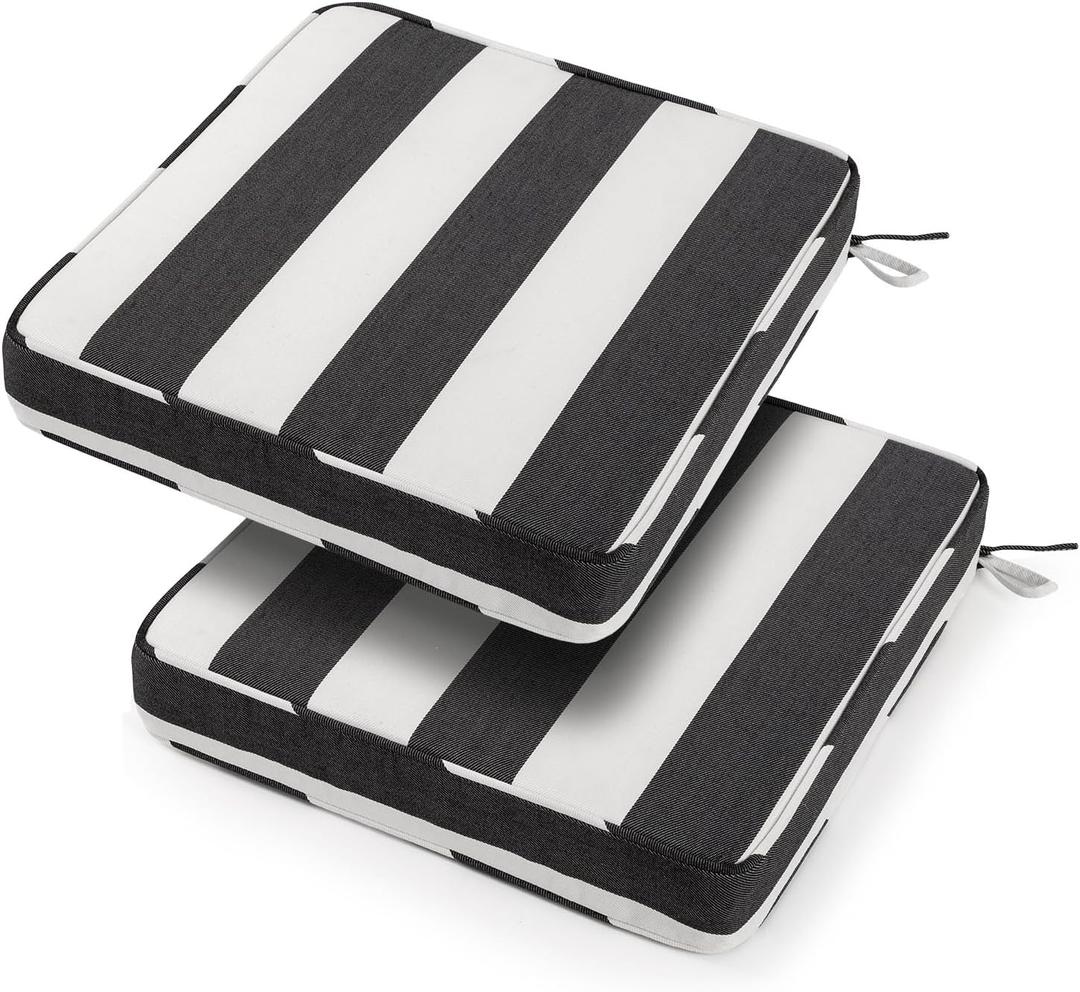 18x18x3 Inch Outdoor Square Corner Chair Cushions with Ties Set of 2, Water&Fade Resistant Thick Seat Cushion Pads for Garden Patio Dining Porch Furniture - Black Ivory Striped