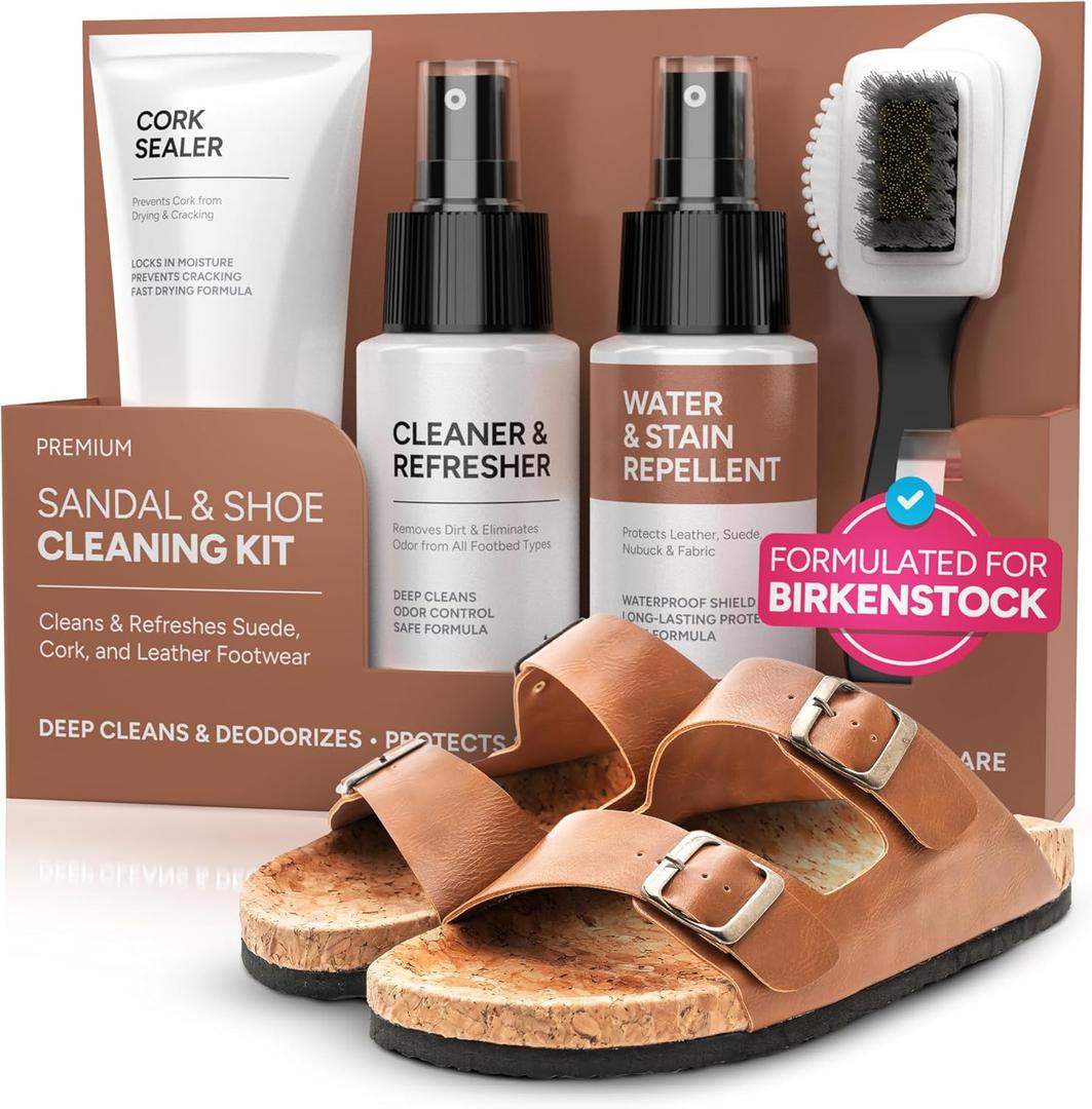 FORTIVO 4-in-1 Sandal and Shoe Cleaning Kit for Birkenstock  Premium Care Kit Safe for Leather, Suede, Nubuck & Cork - Includes Sealer, Protector Spray, Cleaner & Brush