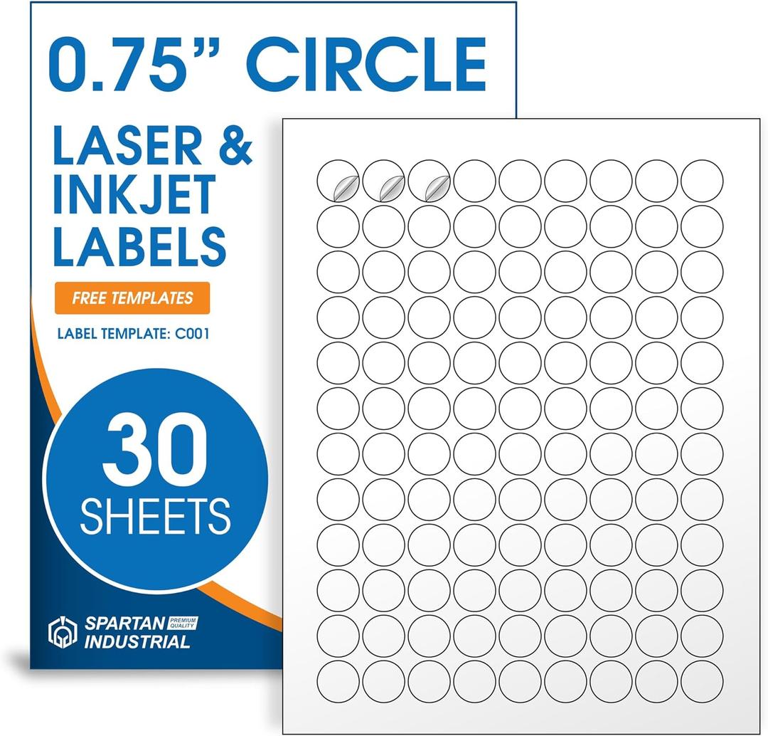0.75" Printable Round Labels for Inkjet and Laser Printers - 3240 Blank Stickers, 30 Sheets for Price Tags, Thank You Stickers, QR Codes, Business Logos - Spartan Industrial Template C001