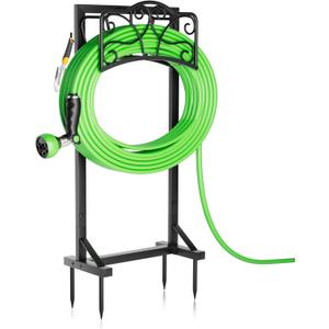 Heavy-Duty Garden Hose Holder with Tool Hooks and Stable Base, Metal Hose Hanger Garden Hose Storage Holds 160Ft, Rustproof Freestanding Water Hose Holder for Outside, Yard, Lawn, Farm (Holder 42.1in, Black)