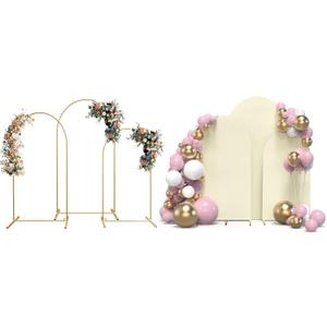 TopDirect Set of 3 Arch Backdrop Stand and Cover Set, 4FT, 5FT, 6FT Metal Chiara Backdrop Stand for Birthday Party Baby Shower Wedding Ceremony Banquet Decoration, Beige Cover