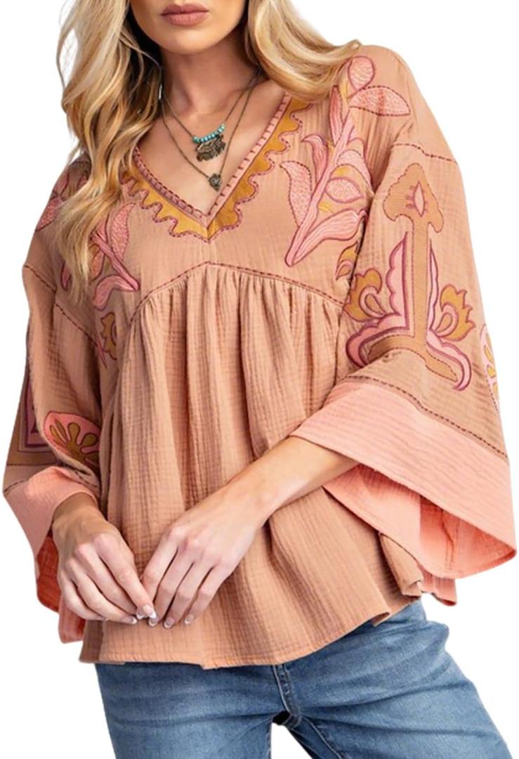 Womens Floral Printed Blouse V-Neck 3/4 Sleeves Loose Fit Vintage Babydoll Tops (Orange, S)