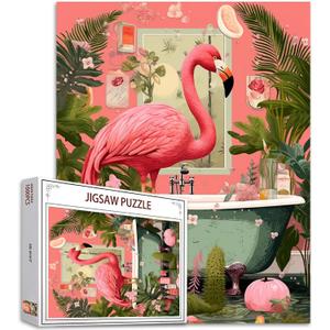 1000 Piece Jigsaw Puzzles for Adults, Bathtub Jungle Animal Jigsaw Puzzles Funny Animals Bathroom Pink Flamingo Puzzle Challenging Family Activity Perfect for Game Nights Puzzle Wall Art Decor