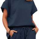 Tankaneo Womens Loungewear Set Short Sleeve Tops and Shorts 2 Piece Outfits Matching Lounge Pajama Set with Pockets, S, Navy blue 