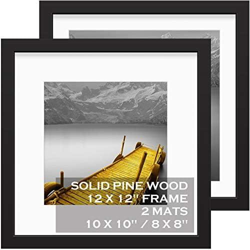 Tiblue 12x12 Picture Frames Black Made of Solid Wood Display Pictures 10x10 or 8x8 with Mat or 12x12 without Mat – Each 12x12 Inch Square Photo Frames with 2 Mats for Wall or Tabletop Mount, Set of 2