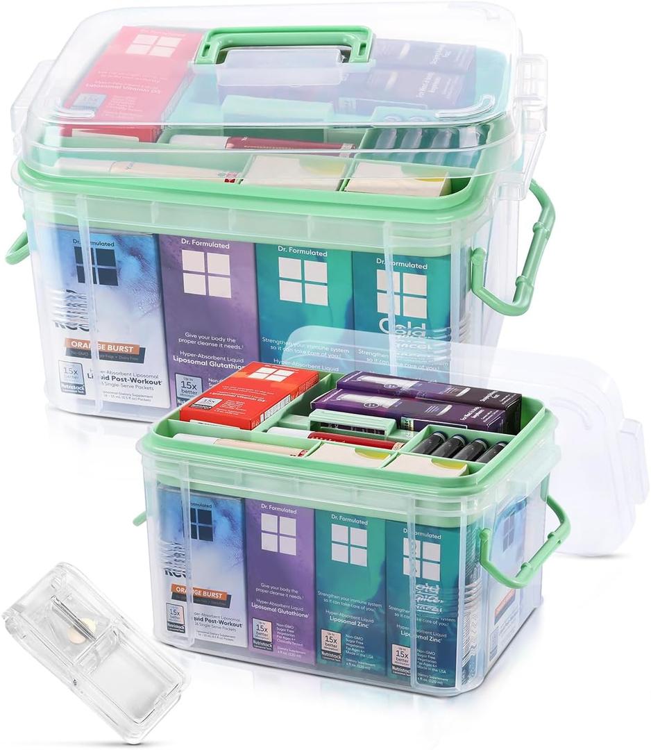 Medicine Organizer Storage Box with Pill Splitter,2 Pack Clear Portable Medicine Cabinet Organizer,Multipurpose Medicine Box with Lids,Trays,Labels,Handle,Empty First Aid Kit for Home,Travel