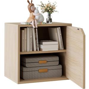 Garden 4 You Cube Storage Organizer Shelf, 2 Tiers Stackable Bookshelf With Door, Wooden Display Bookcase, Small Cabinet for Living Room Bedroom, Natural (Brown)