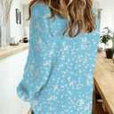 Dokotoo Women's Casual V Neck Alicia Floral Print Roll Up Long Sleeve Chiffon Button Down Blouses Bohemian Top Shirts (Blue, M)