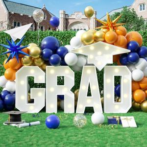 3FT Marquee Light Up Letters Grad, 2FT Mosaic Letter Frame White Giant Letter + 1FT Bachelor's Hat Lights Mosaic Craft Kits DIY for Graduation New Year Anniversary 2025 Party Graduations