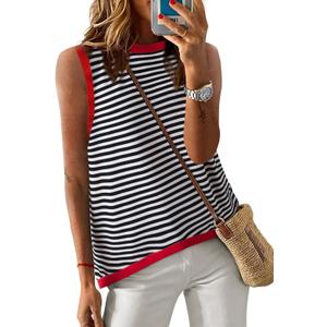 Dokotoo Womens Summer Tops 2026 Casual Striped Color Block High Neck Tank Top Loose Knit High Low Sleeveless Shirts Blouses (White, Small)