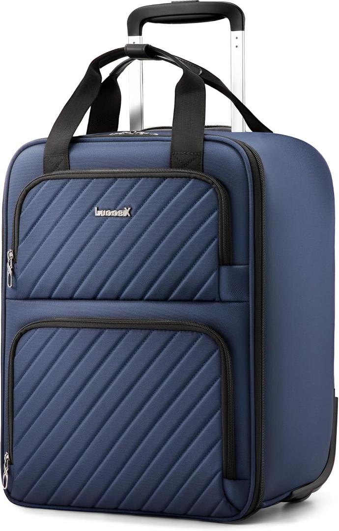 LUGGEX Underseat Carry On Luggage with Wheels, UDK-Plus Large-Capacity Lightweight Soft Sided Personal Item Suitcase for Short Trips (UX-Plus, Blue Black, 16 Inch)