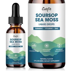 Catfit Soursop Graviola Liquid Drop  Soursop Drops for Cell Support, Antioxidant, Relaxation & Immune Boost with Sea Moss, Turmeric, Black Pepper, B6 C, Zinc, Sugar Free, Gluten Free, Vegan, 2 Fl Oz