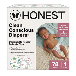 The Honest Company Clean Conscious Diapers for Delicate Skin | Up to 100% Leakproof | Hypoallergenic, Fragrance Free | Gender Neutral | Club Box, Size 1 (8-14 lbs), 78 Count (Prints May Vary)