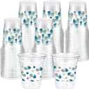 Funnymoom 60 Pack Blue Floral Plastic Cup 12 oz Wedding Flower Disposable Clear Plastic Blue White Flower Drinking Cups for Wedding Bridal Baby Shower Birthday Tea Party Decoration Supplies