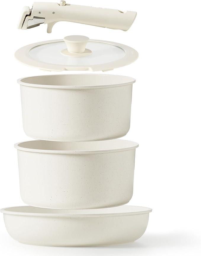 CAROTE 5pcs Pots and Pans Set Non Stick, Cookware Set, Removable Handle Pots and Pans Nonstick, RV Oven Safe Cookware, Induction Kitchen Cookware Set, Knife Set, Cream White