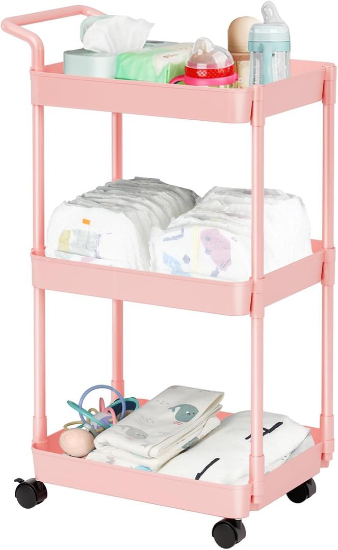Volnamal Diaper Caddy - Plastic Diaper Organizer for Nursery Essentials, Baby Organizers and Storage, Movable Cart for Changing Table & Crib, Baby Registry Search, Pink