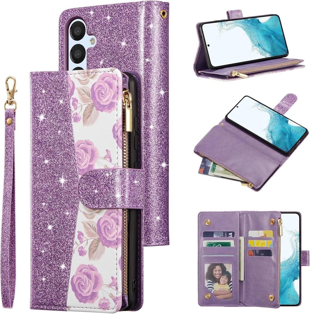 UEEBAI Wallet Case for Samsung Galaxy A15 4G/5G, PU Leather Case Magnetic Closure Handbag Zipper Pocket Case Kickstand Card Slots with Hand Strap Rose Flip Case for Women - Bling Purple