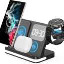 4 in 1 Wireless Charger with Alarm Clock Compatible for Galaxy Watch 8/7/Ultra/FE/6 Pro Galaxy S25/Ultra/S25+/S24/S23/Note 20/Z Flip 7/6/5 Fold 6 Galaxy Buds 3/2/Pro Multiple Devices Charging Station (black)