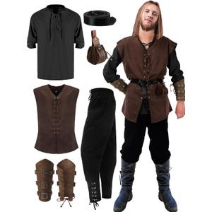 Suhine 6 Pcs Men's Halloween Renaissance Costume Set Medieval Vest Shirt Ankle Banded Pants Viking Belt Armband Pouch (Large, Elegant Color)