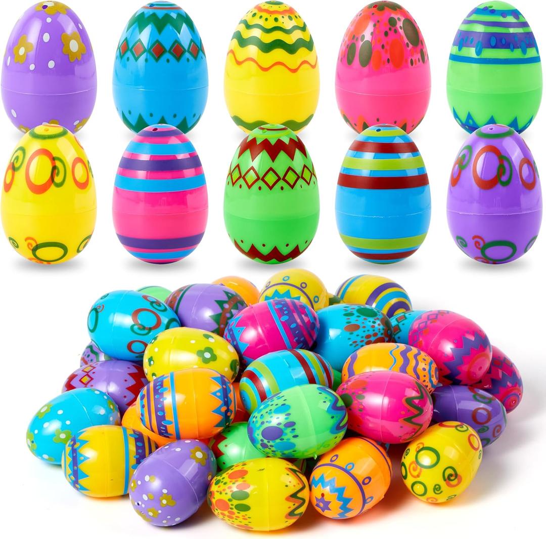 JOYIN 72PCS 2.3" Printed Empty Colorful Plastic Eggs Fillable, Bright Plastic Eggs Bulks for Festival Hunt, Filling Treats, Party Favor, Basket Stuffers, Classroom Prize Supplies