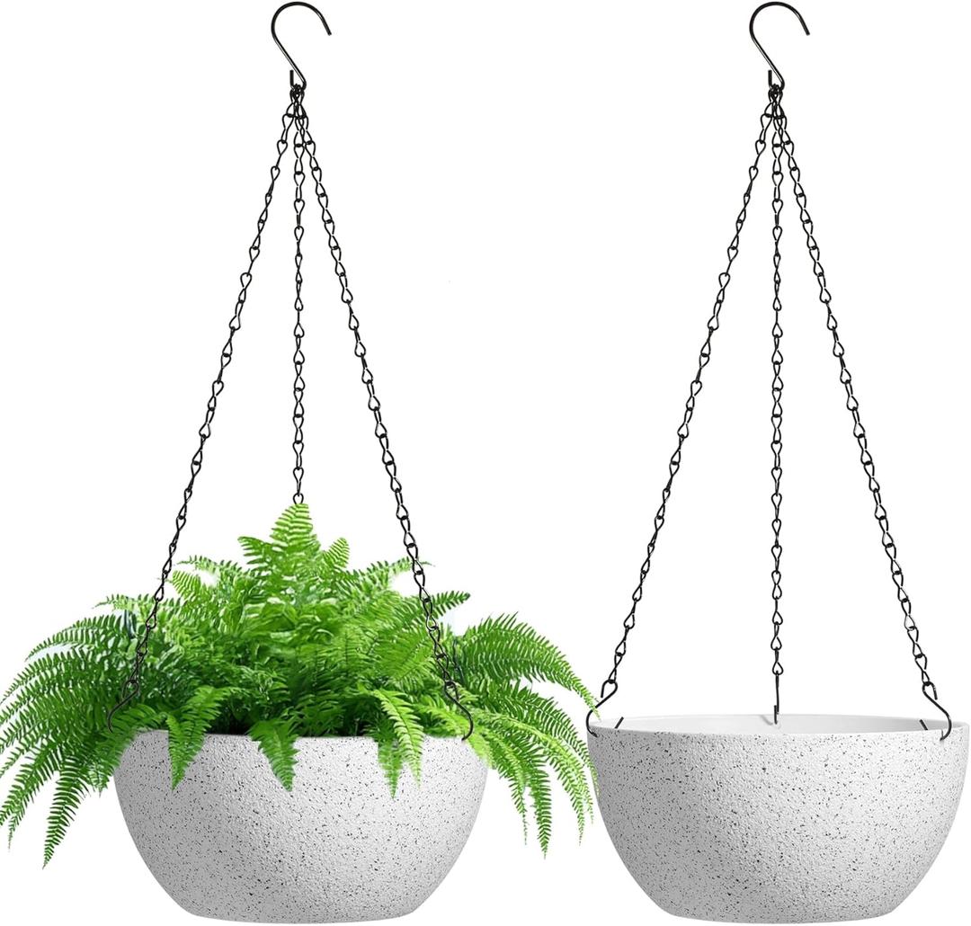 T4U 10 Inch Hanging Planters for Indoor Outdoor Plants - 2 Pack Plastic Hanging Flower Plant Pot with Drainage Hole, Round Hanging Plant Basket for Home Garden Porch Balcony Patio Decor (White)