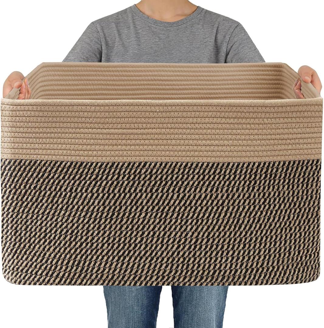 JMvicyroam Woven Blanket Basket,65L Large Storage Bin for Blankets Toys Clothes,Decorative Rope Basket for Living Room Bedroom with Handles, Jute&Black