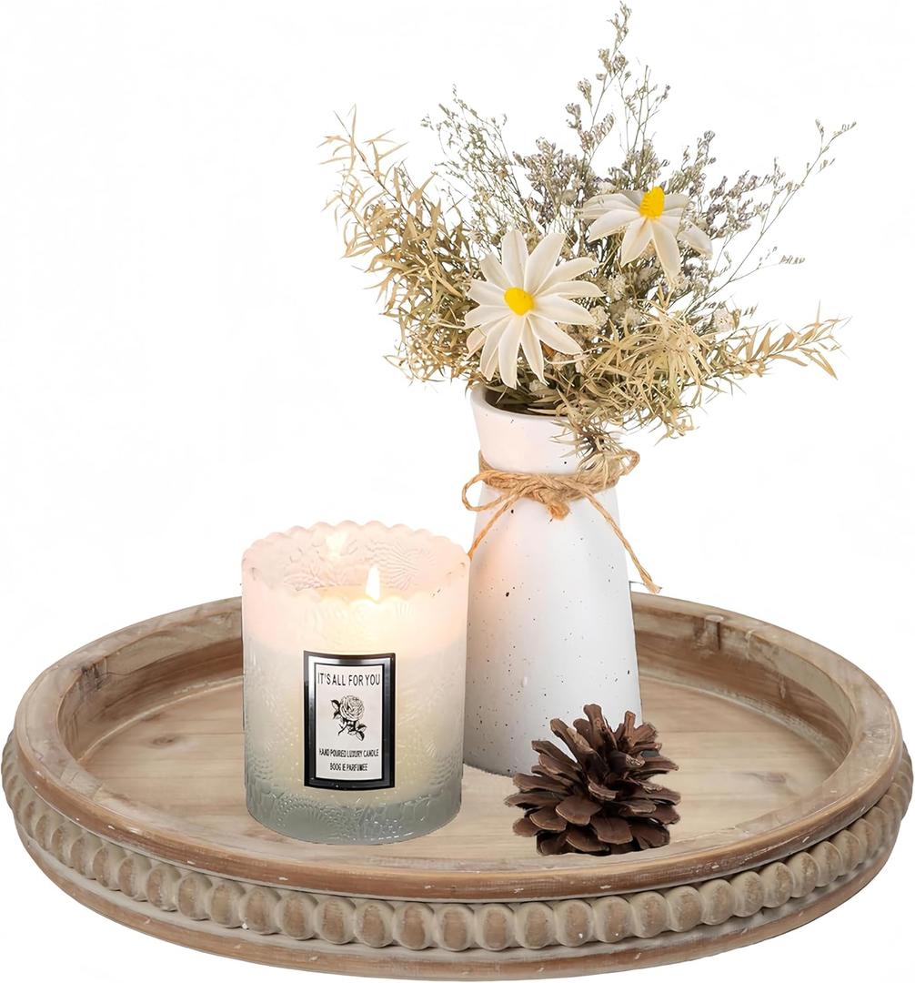 SOFE 16 Inches Round Wood Tray, Hand Crafted Beaded Farmhouse Large Candle Tray Decorative, Rustic Coffee Table Centerpieces for Kitchen and Dining, Living Room