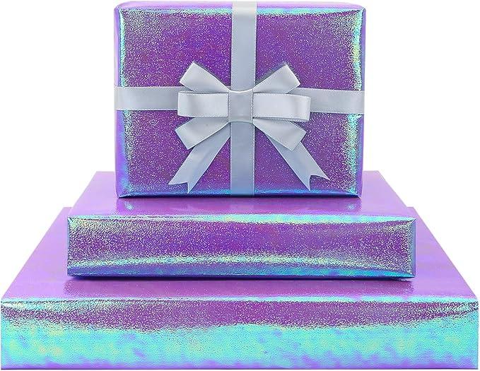 Purple Holographic Gift Wrapping Paper, 4 Sheets Metallic Rainbow Iridescent Wrapping Paper Sparkling Gift Wrap Paper with Ribbon 20x28 inch for Girl Kid Birthday Baby Shower Wedding Christmas Party