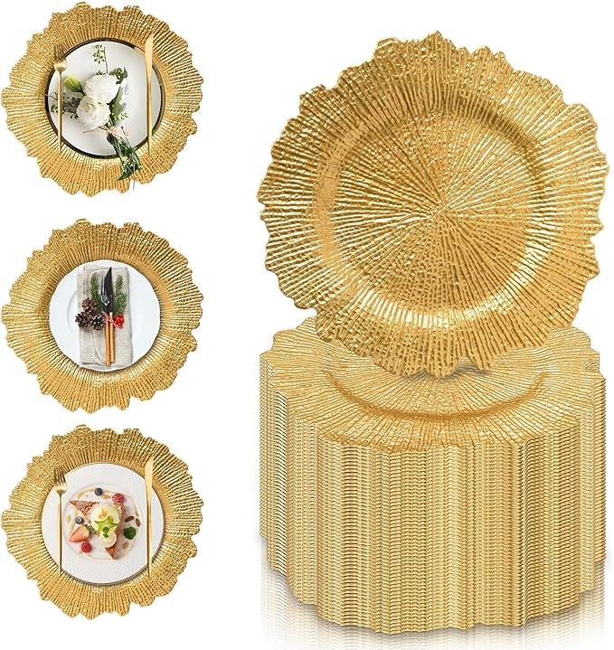 PROY 50 Pcs Gold Charger Plates Bulk, 13" Gold Reef Charger Plates for Wedding, Thanksgiving, Christmas, Plastic Chargers for Dinner Plates