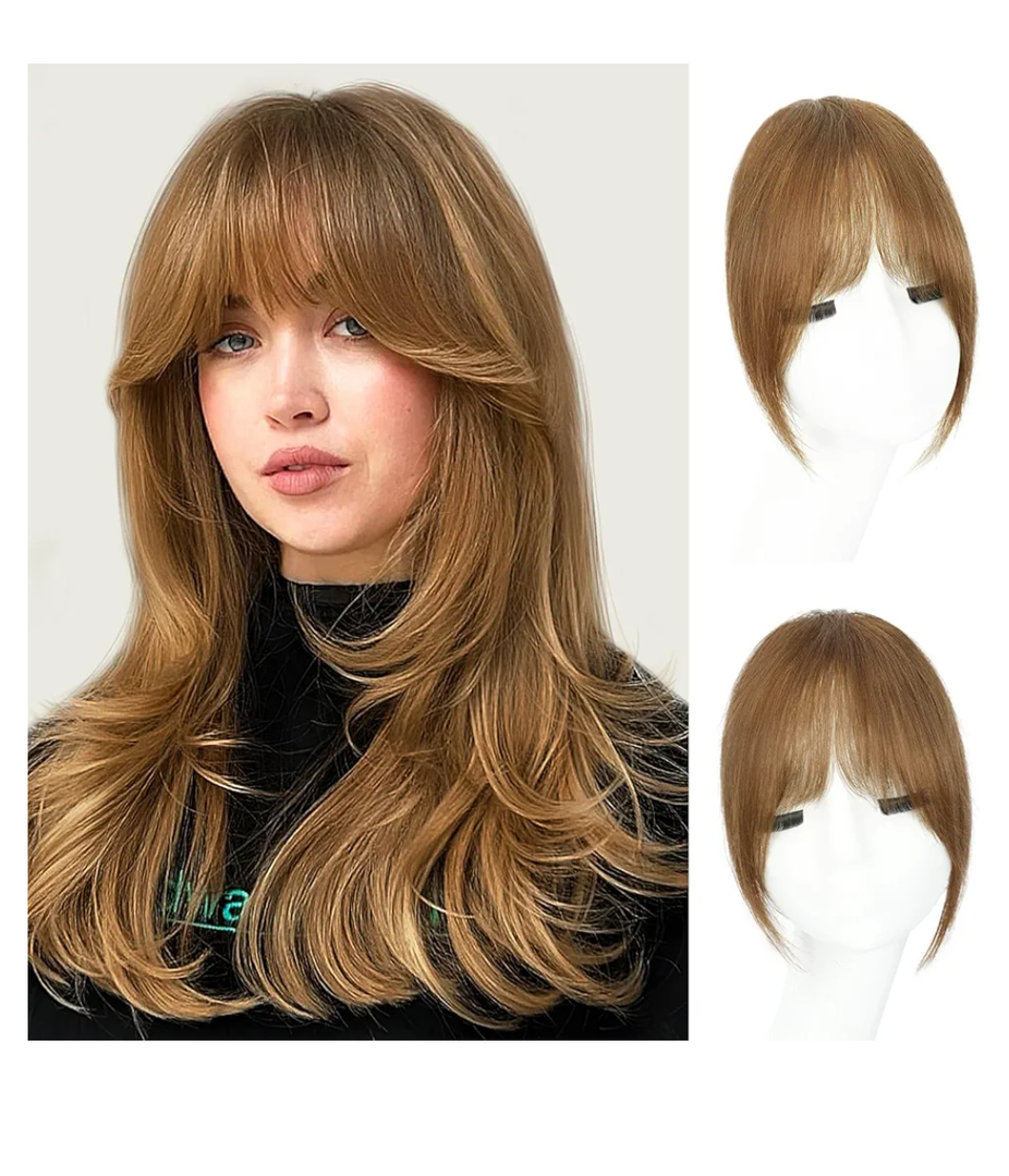 Clip in Bangs – 100% Real Human Hair Fringe with Temples, Light Auburn Brown French Bangs Hair Clip Hairpiece for Women, Natural Look, Easy Trim & Secure BB Clips for Daily Wear