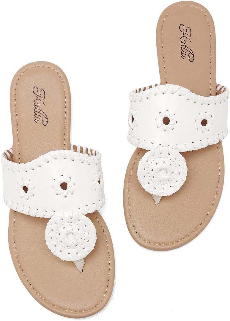 katliu Women's Flat Sandals Wide Band Flip Flops Dressy Thong Sandals, Size 7 1/2 (White)