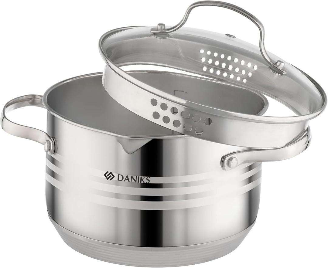 Daniks Tokio Stainless Steel Stock Pot 3 Quart, with Glass Strainer Lid, Induction Ready, Dishwasher Safe, Measuring Scale, Silver