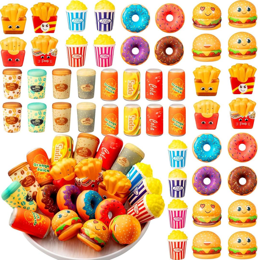 Leyndo 50 Pcs Mini Food Toys Bulk Kids Cute Slow Rising Food Party Favors Kawaii Hamburger Donut Soft Squeeze Sensory Fidget Stress Relief Gifts for Girls Boys Class Prize Goodie Bag Fillers, Small