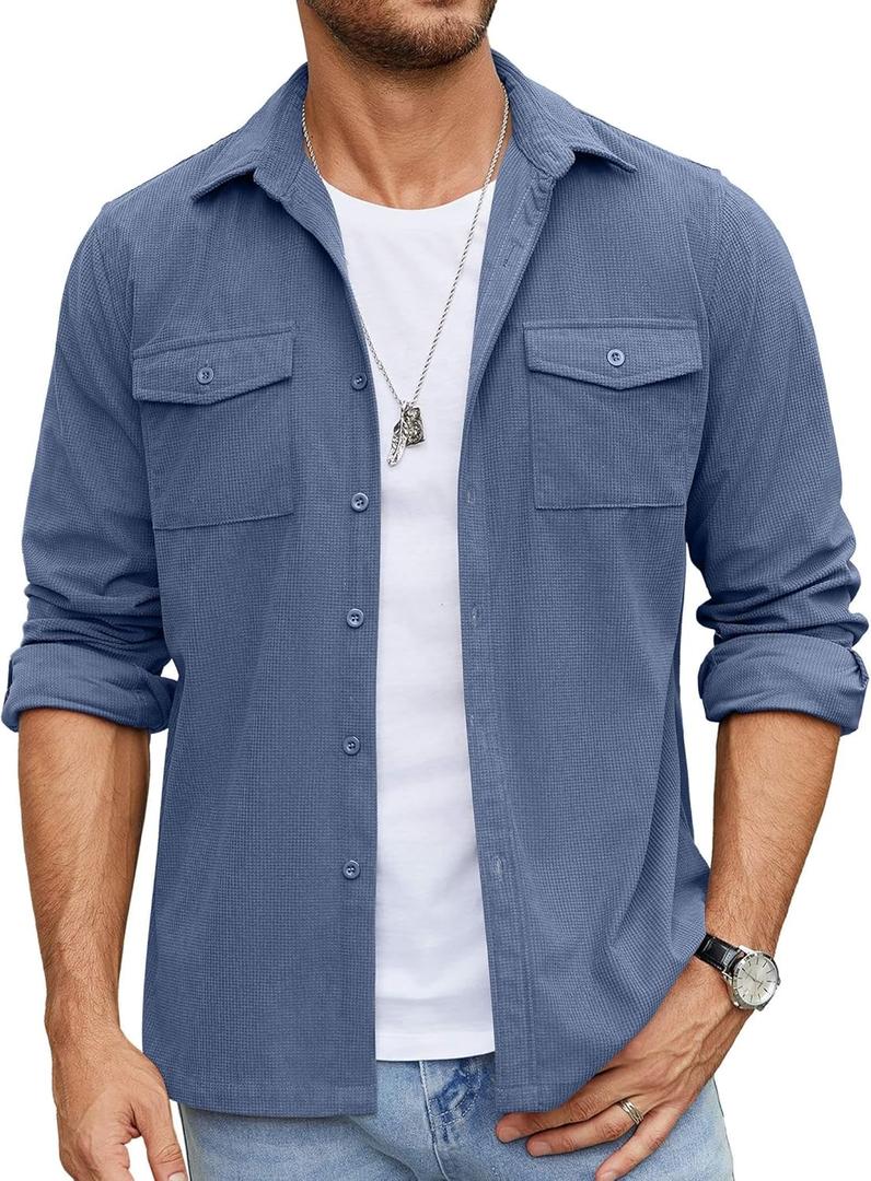 COOFANDY Men's Button Down Waffle Shirt Jacket Casual Long Sleeve Shacket Lightweight Overshirts with Flap Pockets (X-Large, Denim Blue)