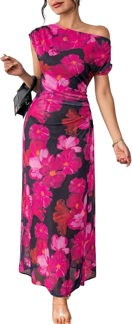 BLENCOT Women's Floral Off Shoulder Maxi Dress Ruched Bodycon Summer Wedding Guest Party Gown Small, Rose