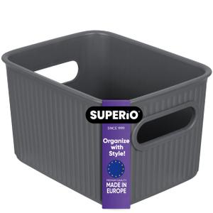 Superio Ribbed Collection - Decorative Plastic Basket Open Home Storage Bins Organizer, Small Grey (1 Pack) Container Boxes for Organizing Closet Storage Bins for Shelves Drawer Shelf 1.5 Liter