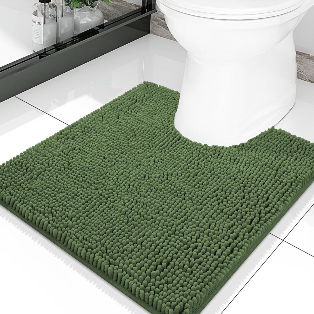 Smiry Luxury Chenille Toilet Rugs U-Shaped 20x20, Soft Absorbent Non-Slip Contour Bathroom Rugs for Toilet, Machine Washable Contoured Bath Mats, Olive Green